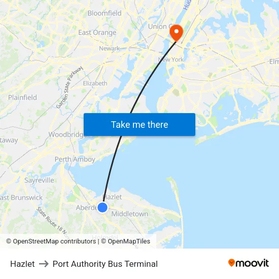 Hazlet to Port Authority Bus Terminal map