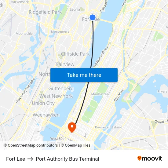 Fort Lee to Port Authority Bus Terminal map