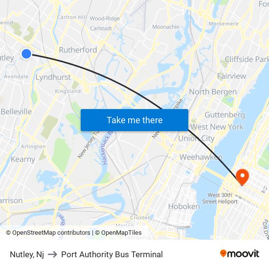 Nutley, Nj to Port Authority Bus Terminal map