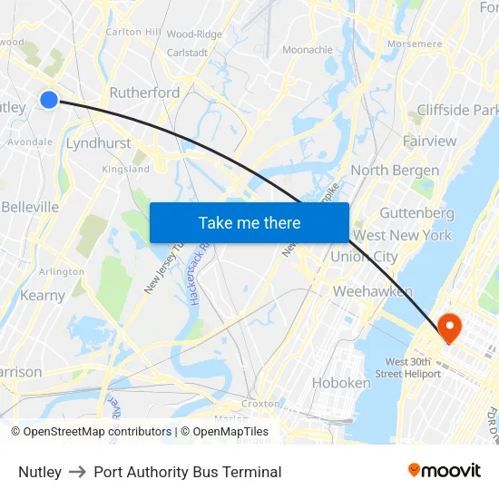 Nutley to Port Authority Bus Terminal map