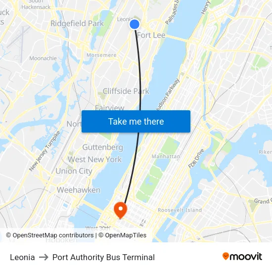 Leonia to Port Authority Bus Terminal map