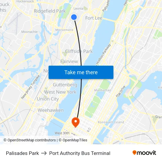 Palisades Park to Port Authority Bus Terminal map