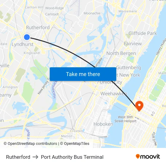 Rutherford to Port Authority Bus Terminal map