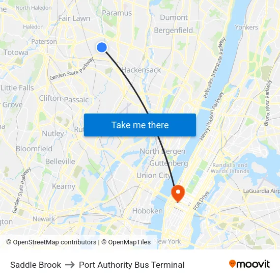 Saddle Brook to Port Authority Bus Terminal map