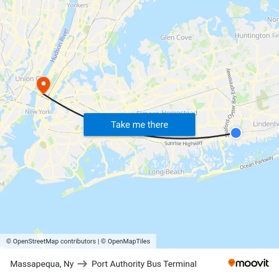 Massapequa to Port Authority Bus Terminal map
