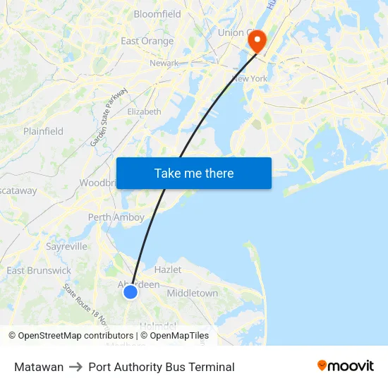 Matawan to Port Authority Bus Terminal map