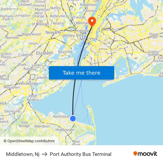 Middletown, Nj to Port Authority Bus Terminal map