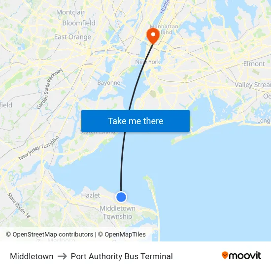 Middletown to Port Authority Bus Terminal map