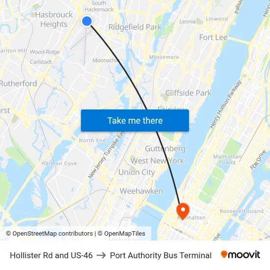 Hollister Rd and US-46, Teterboro, NJ 07608 to Port Authority Bus Terminal map