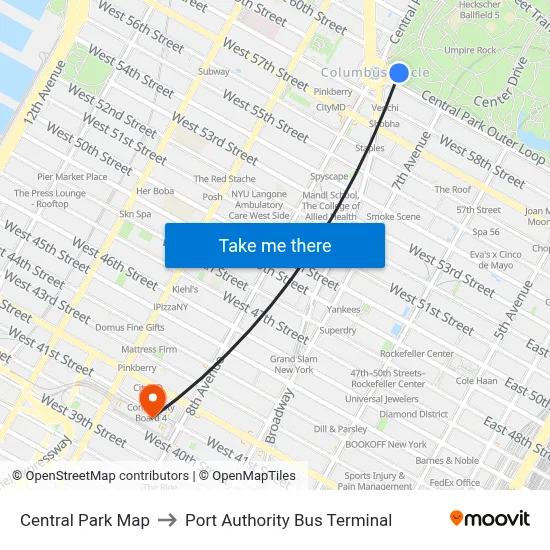 Central Park Map to Port Authority Bus Terminal map