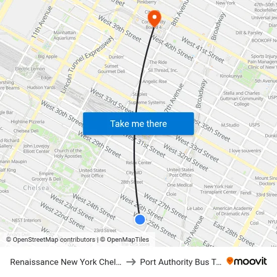 Renaissance New York Chelsea Hotel to Port Authority Bus Terminal map