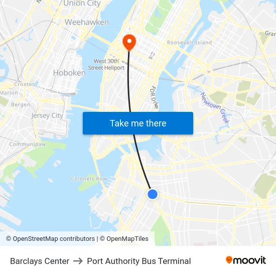 Barclays Center to Port Authority Bus Terminal map