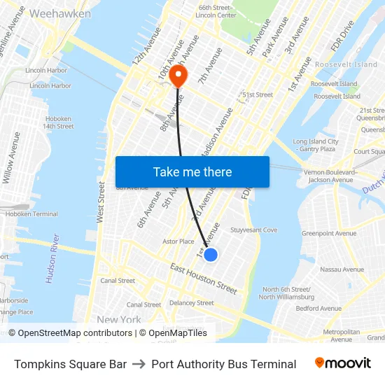 Tompkins Square Bar to Port Authority Bus Terminal map