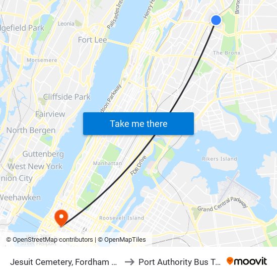 Jesuit Cemetery, Fordham University to Port Authority Bus Terminal map