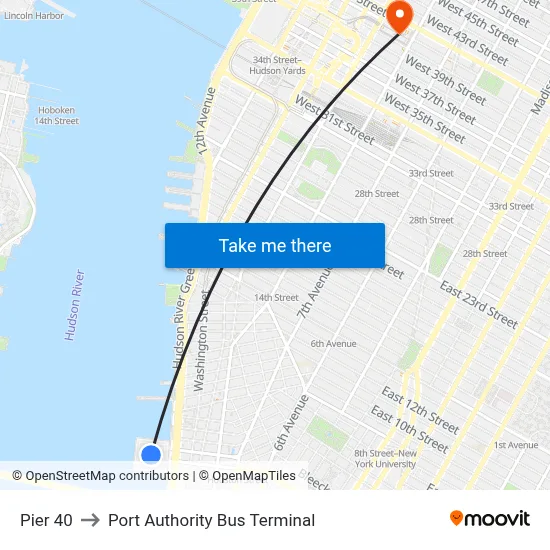 Pier 40 to Port Authority Bus Terminal map