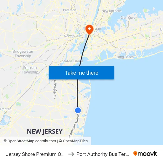 Jersey Shore Premium Outlets to Port Authority Bus Terminal map