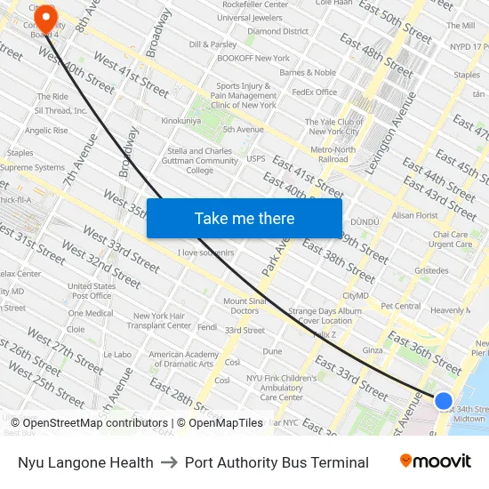 Nyu Langone Health to Port Authority Bus Terminal map