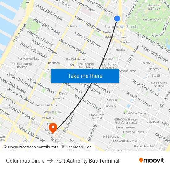 Columbus Circle to Port Authority Bus Terminal map