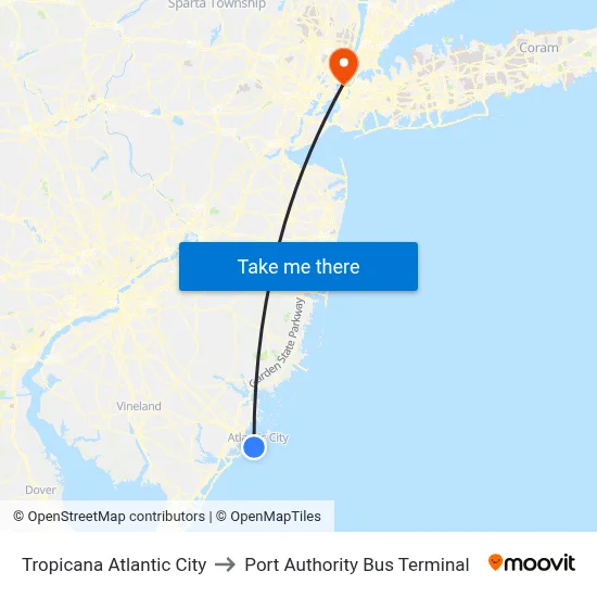 Tropicana Atlantic City to Port Authority Bus Terminal map
