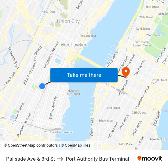 Palisade Ave & 3rd St to Port Authority Bus Terminal map