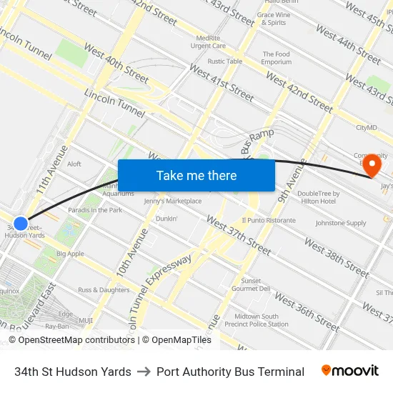 34th St Hudson Yards, Nueva York, NY 10001 to Port Authority Bus Terminal map
