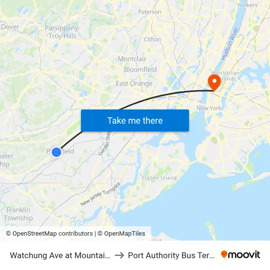 Watchung Ave at Mountain Ave, North Plainfield, NJ 07060 to Port Authority Bus Terminal map