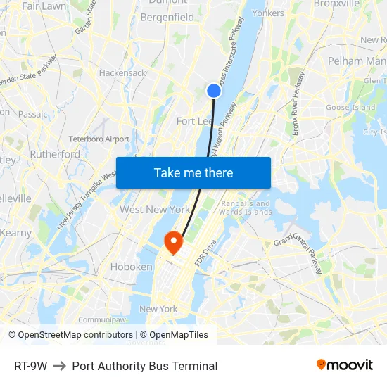 RT-9W to Port Authority Bus Terminal map