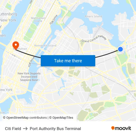 Citi Field to Port Authority Bus Terminal map