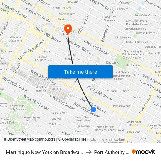 Martinique New York on Broadway to Port Authority Bus Terminal map