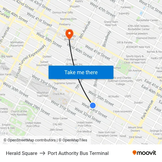 Herald Square to Port Authority Bus Terminal map