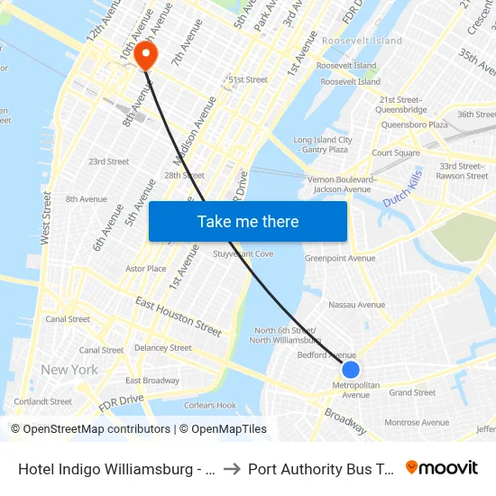 Hotel Indigo Williamsburg - Brooklyn to Port Authority Bus Terminal map