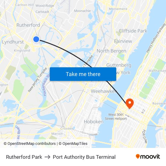 Rutherford Park to Port Authority Bus Terminal map