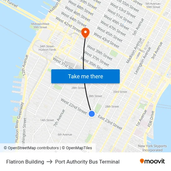 Flatiron Building to Port Authority Bus Terminal map