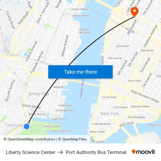 Liberty Science Center to Port Authority Bus Terminal map