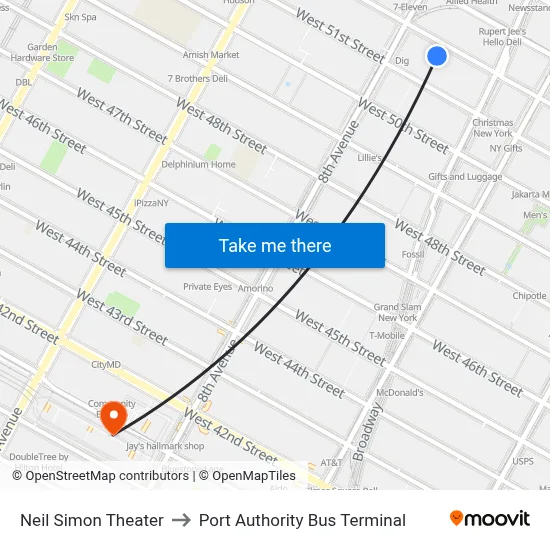 Neil Simon Theater to Port Authority Bus Terminal map
