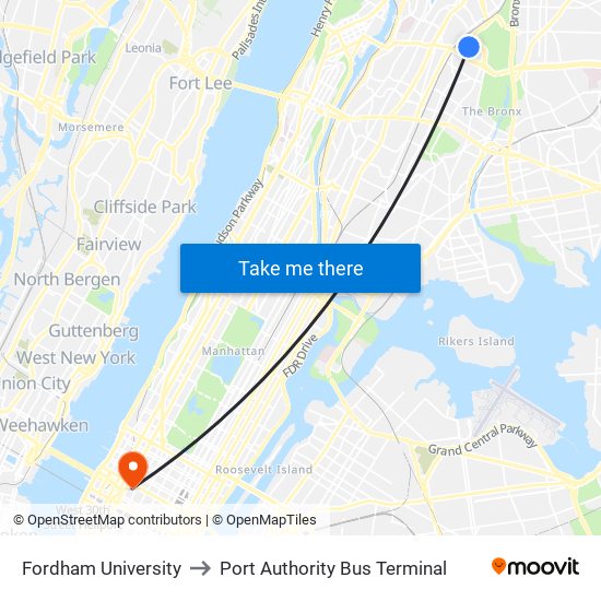 Fordham University to Port Authority Bus Terminal map