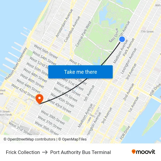 Frick Collection to Port Authority Bus Terminal map