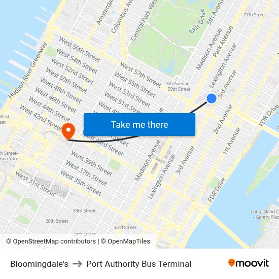 Bloomingdale's to Port Authority Bus Terminal map