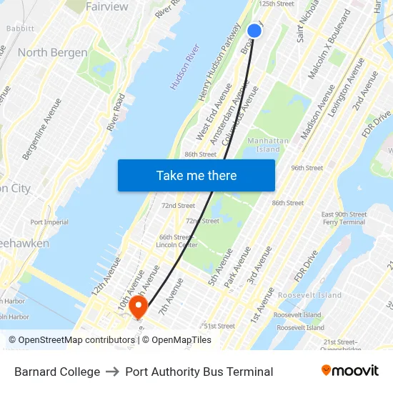 Barnard College to Port Authority Bus Terminal map