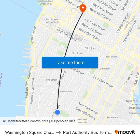 Washington Square Church to Port Authority Bus Terminal map