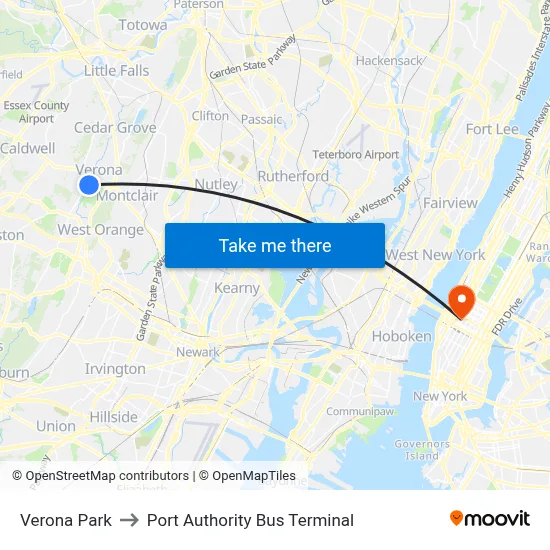 Verona Park to Port Authority Bus Terminal map