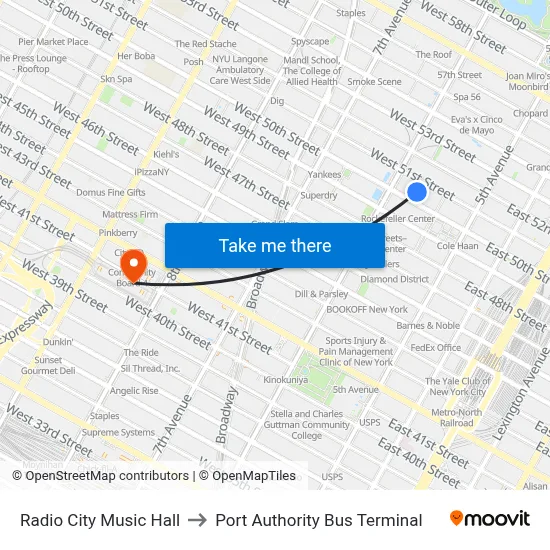 Radio City Music Hall to Port Authority Bus Terminal map