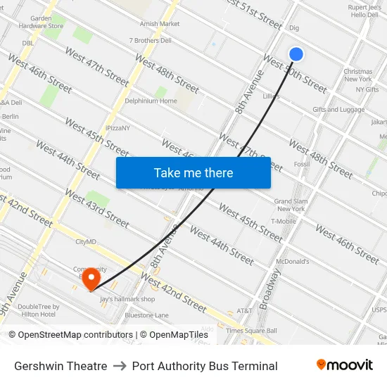 Gershwin Theatre to Port Authority Bus Terminal map