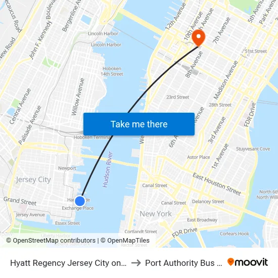Hyatt Regency Jersey City on the Hudson to Port Authority Bus Terminal map