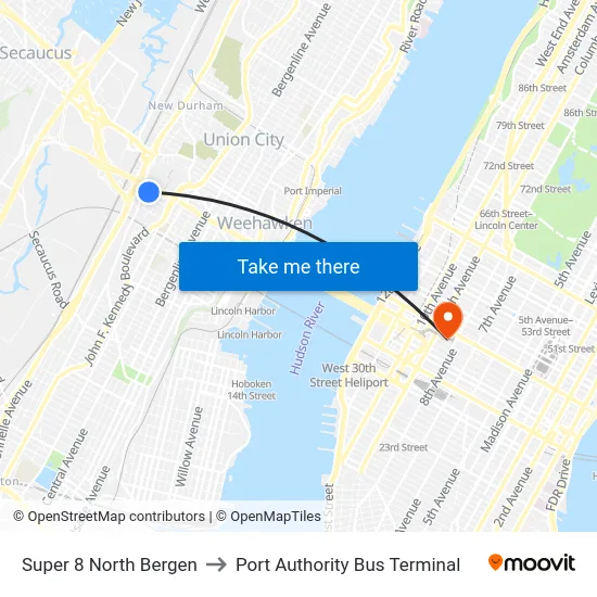 Super 8 North Bergen to Port Authority Bus Terminal map