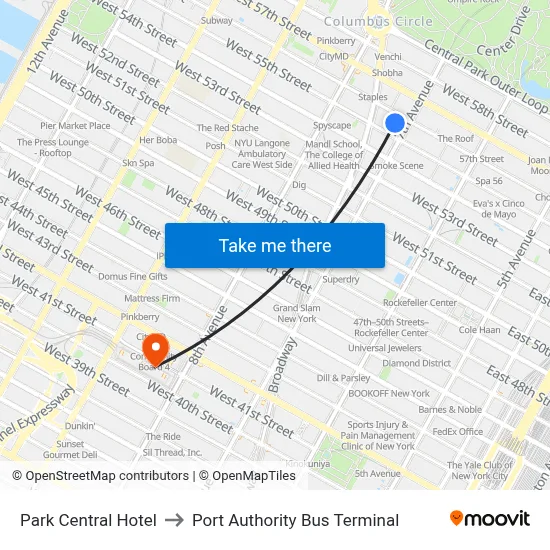 Park Central Hotel to Port Authority Bus Terminal map