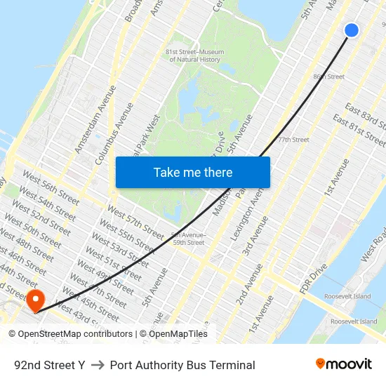 92nd Street Y to Port Authority Bus Terminal map