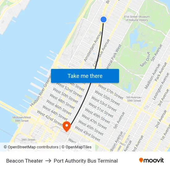 Beacon Theater to Port Authority Bus Terminal map