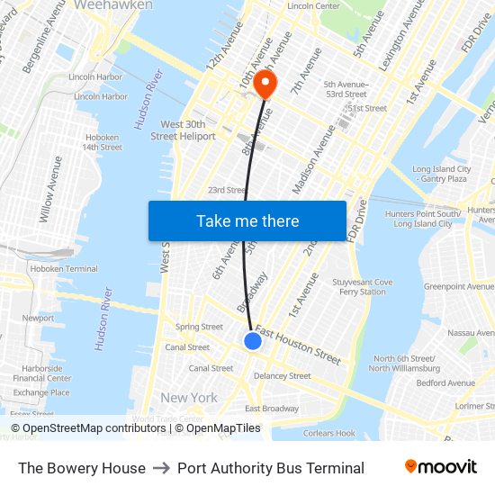The Bowery House to Port Authority Bus Terminal map