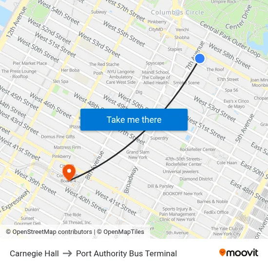 Carnegie Hall to Port Authority Bus Terminal map